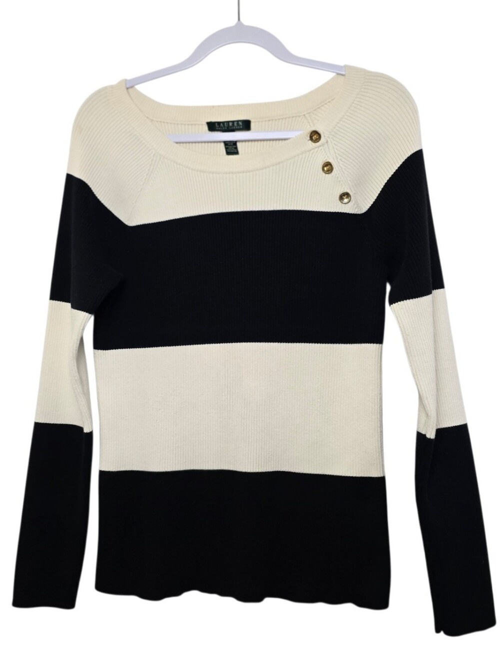Lauren Ralph Lauren Striped Ribbed Knit Sweater Black & Cream Nautical Coastal